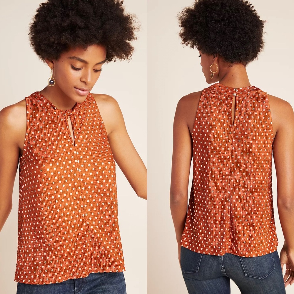 Anthropologie Rust Orange Polka-Dot Tie-Neck Tank